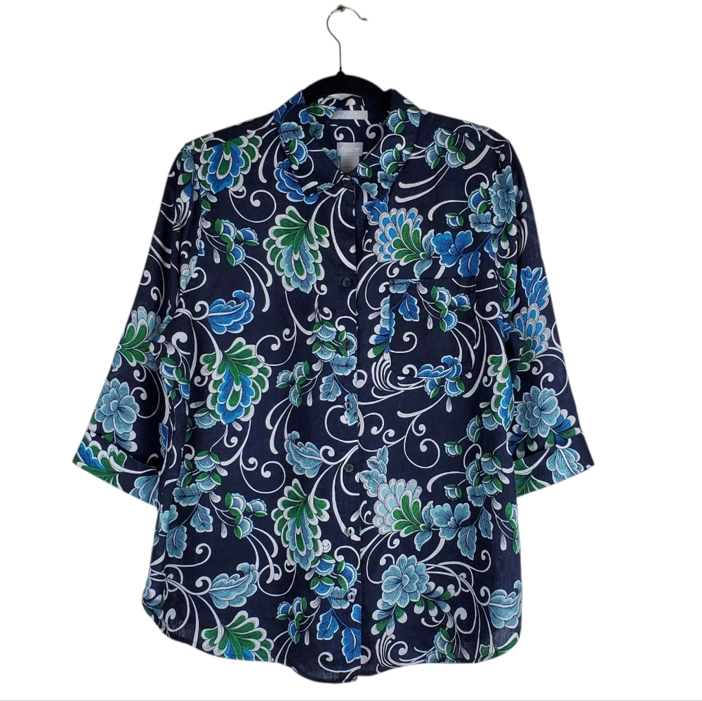 CHICO'S 100% Linen Floral Print Button Front Top Size 2 (US 12/14)